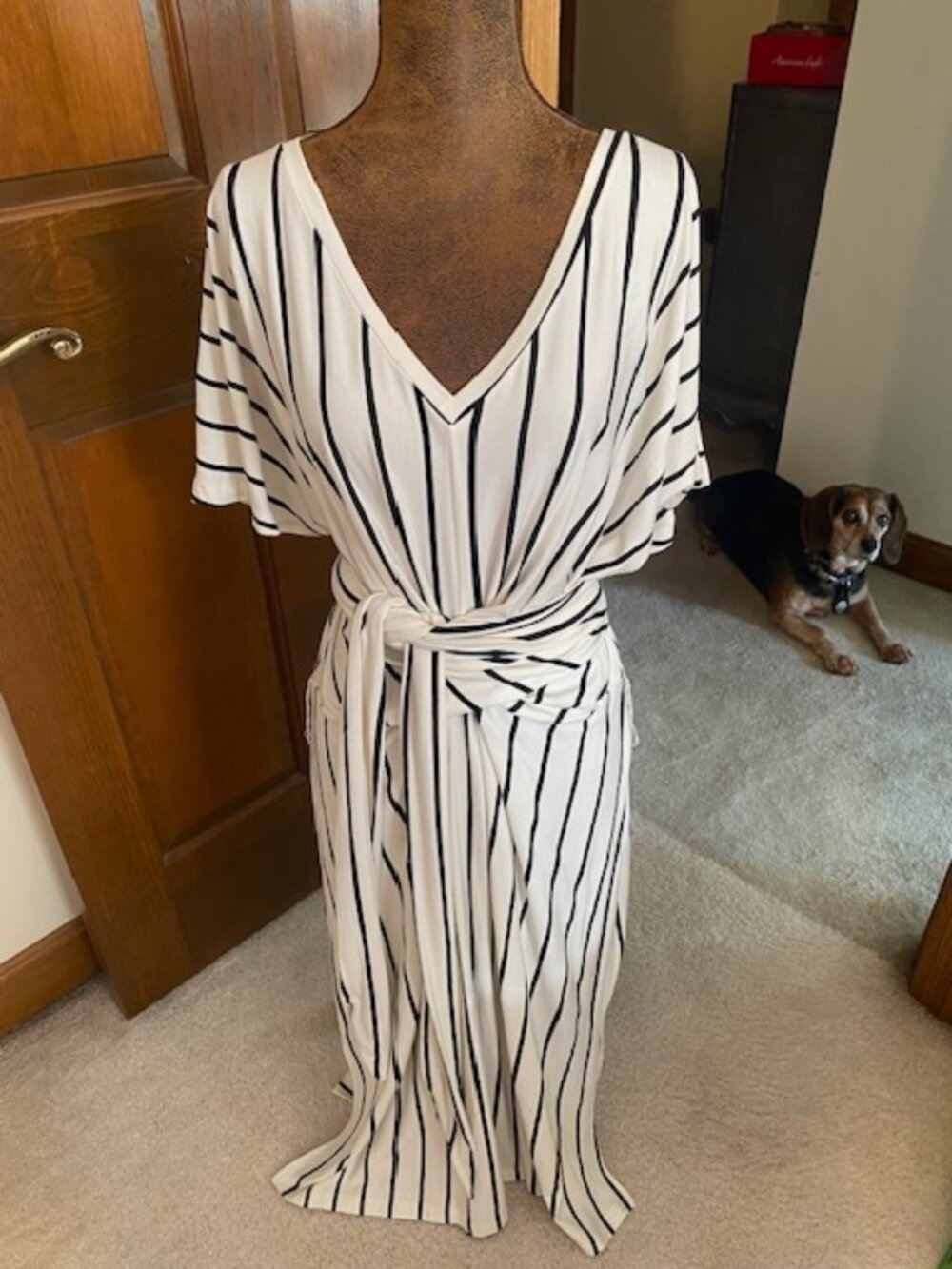 Eloquii Cream with Black Vertical Stripes Cross Tie Midi Dress